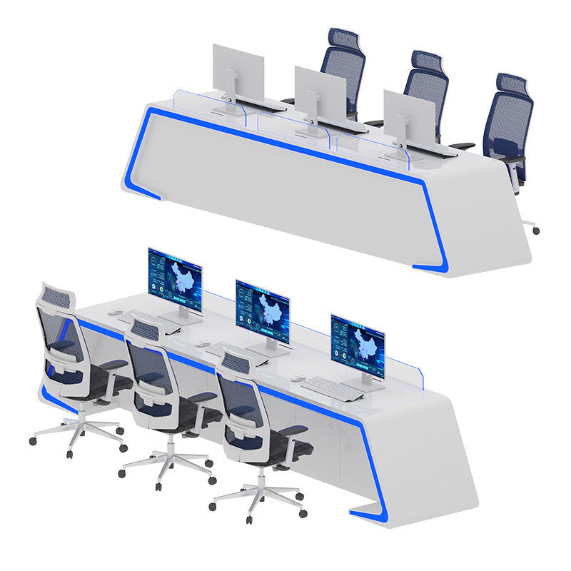 Saint li's futuristic surveillance console, command center curved control desk, central control room monitoring station, and workstation