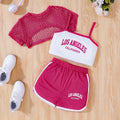 children's camisole set, featuring a three-color mesh cover-up and a letter-printed top. a retro sporty three-piece outfit for kids