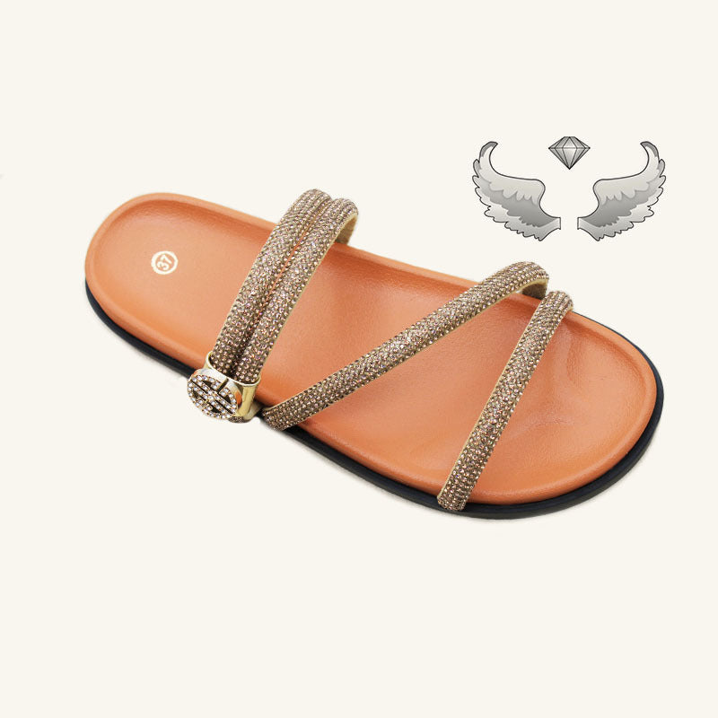 Wholesale Flat Slippers Women's Shoes Rhinestone Fashion Outer Wear Thick-soled Wear-resistant Casual Beach Slippers