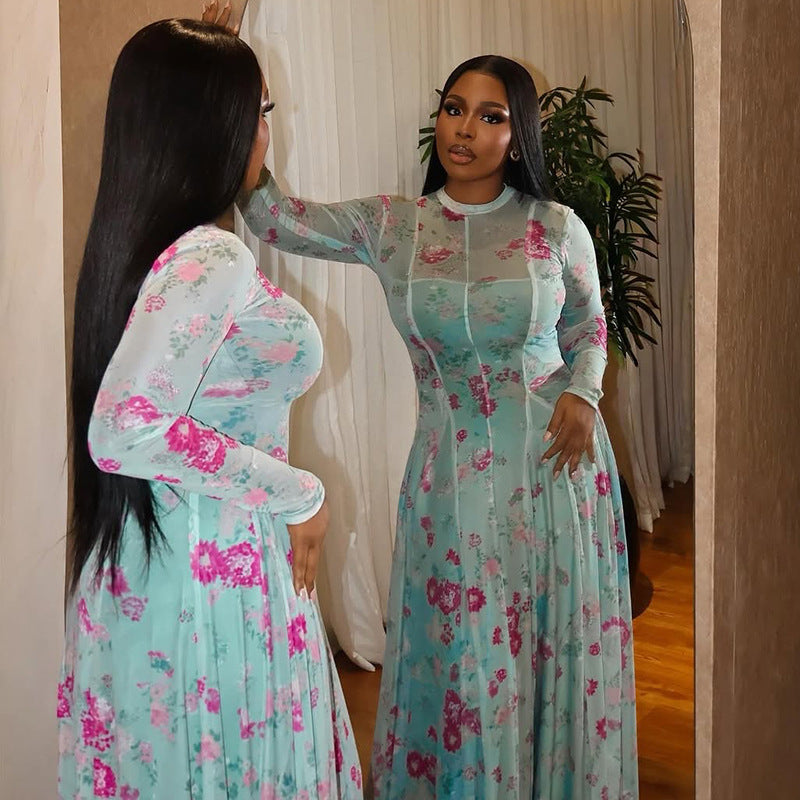 European and american style ins cross-border pleated fresh printing work clothing a-line skirt round neck long sleeves waist outdoor dress women's clothing