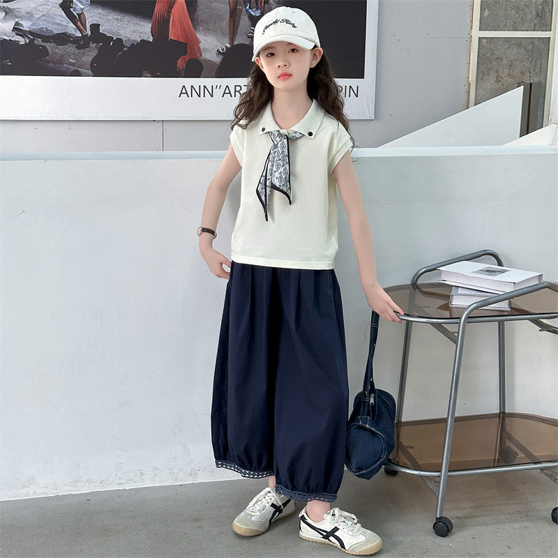 new girls' casual versatile lightweight lace trim student two-piece set - relaxed fit wide leg pants for girls
