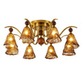 French retro solid wood round bead multi-head gradient caramel wave glass bedroom main light b&b study american atmosphere