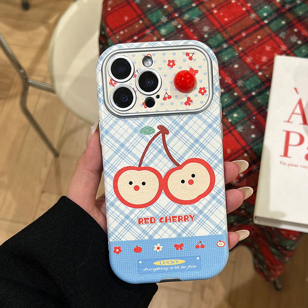 Two red cherries are suitable for lambskin large window iphone16 protective case 15 apple 17pm anti-fall mobile phone case