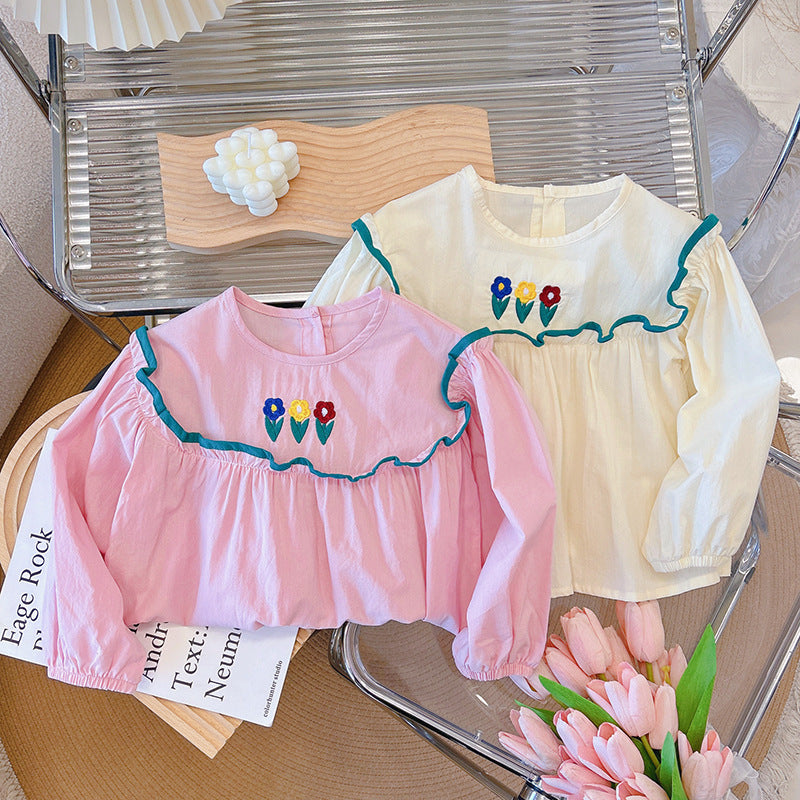 spring/autumn new collection: pure cotton girls' blouse - stylish baby doll shirt with korean-style peter pan collar for sweet girls