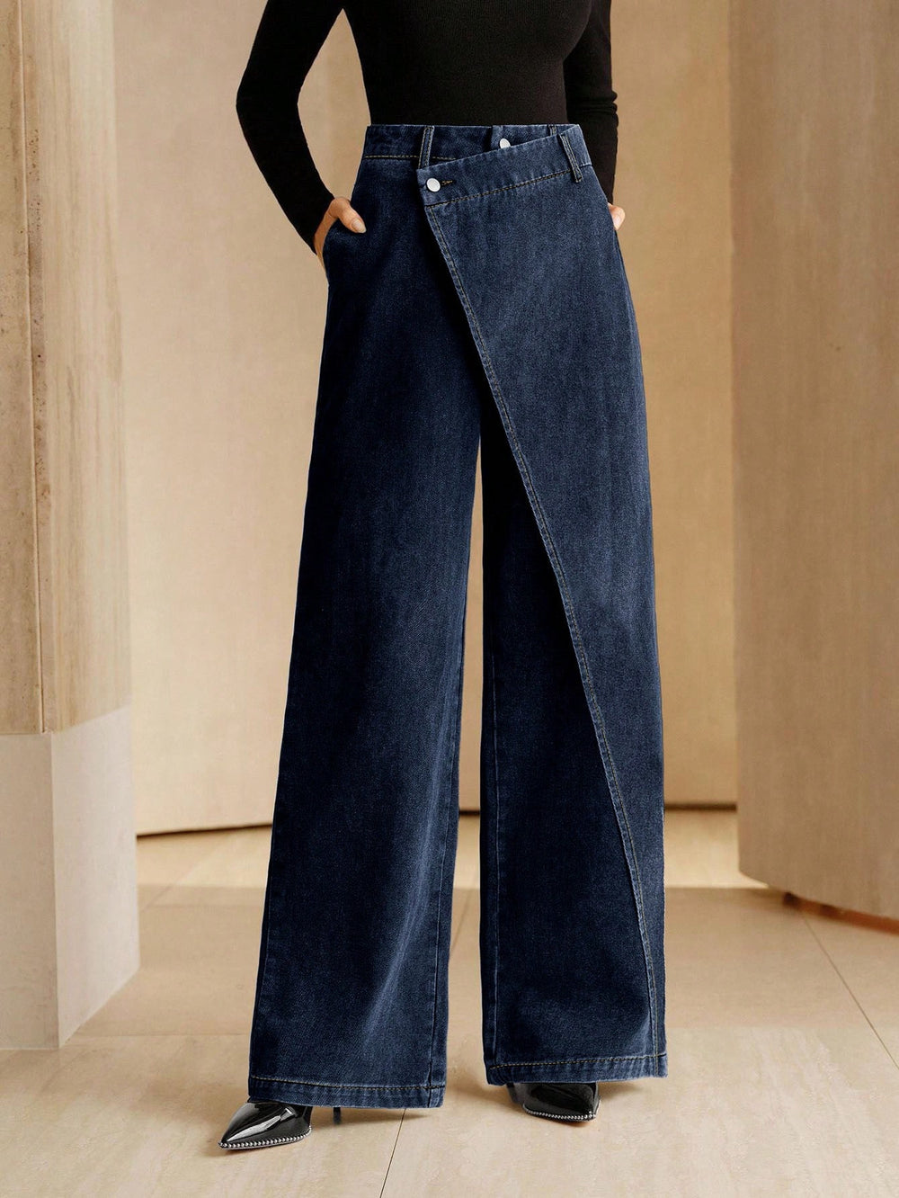 Fashionjeans women's diagonal buckle wrap wide-leg pants high waistdrapedloosestraight-leg denim pants work clothing women's clothing