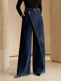 Fashionjeans women's diagonal buckle wrap wide-leg pants high waistdrapedloosestraight-leg denim pants work clothing women's clothing