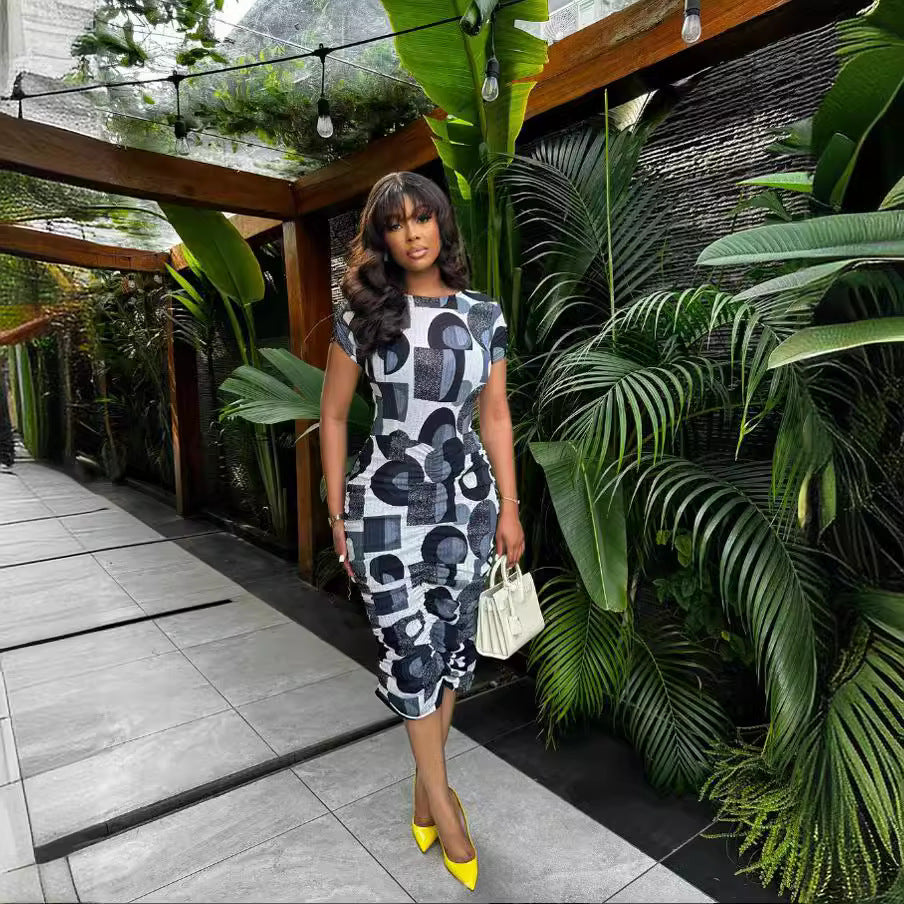 European and american cross-border women's fashion: elegant round neck bodycon mini dress -  summer new arrival, short sleeve printed dress