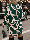 European and american style art print mini dress - v-neck, three-quarter sleeves, loose fit, slimming, slit design, casual dress