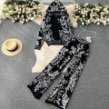Casual fashion sporty age-defying knit two-piece set for women: premium printed hooded sweater and high-waisted wide-leg pants