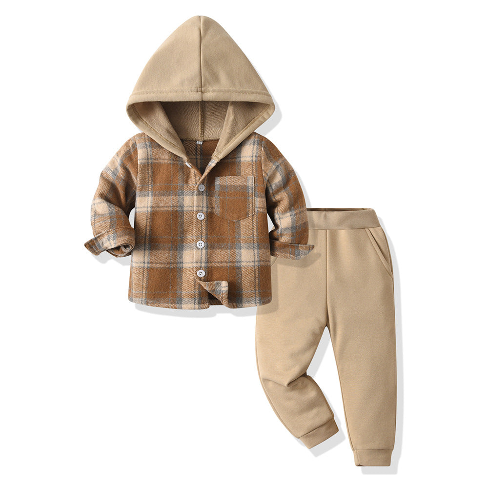 boys' autumn suit, new handsome fashionablekids autumn suit, plaid shirt two-piece set, baby boy autum children's clothing