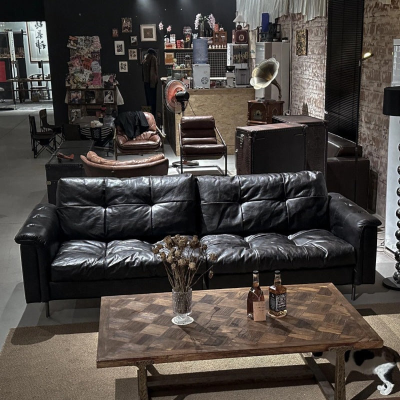 Vintage leather sofa - black oiled leather nebula sofa - retro designer living room sofa - small apartment 3-seater