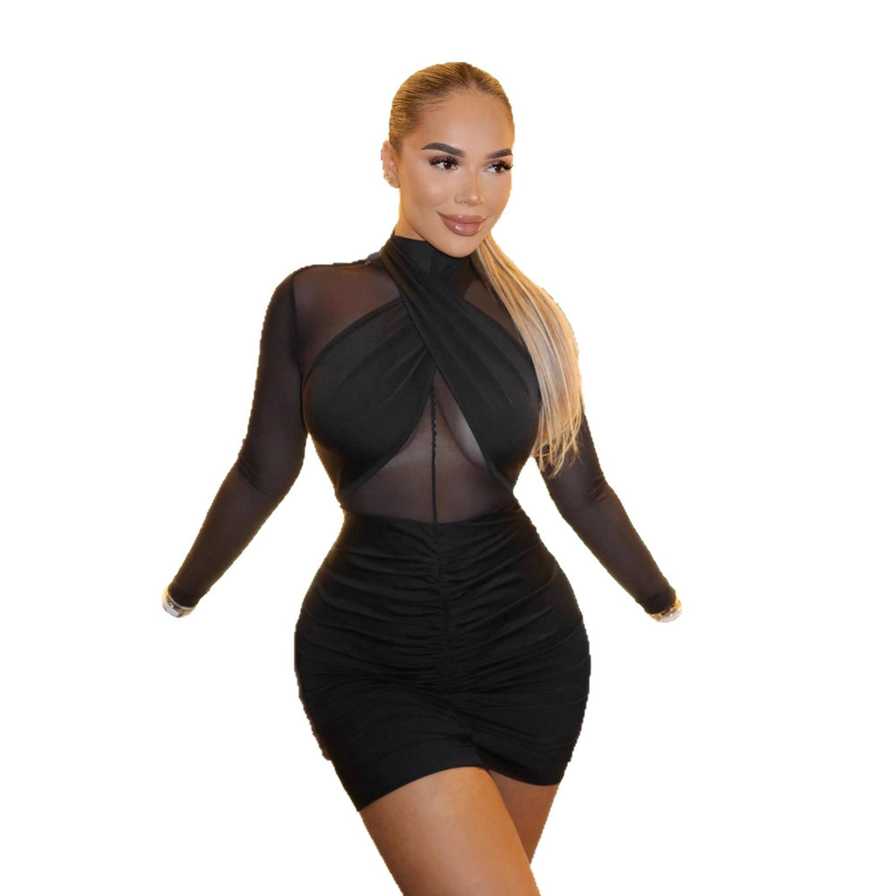 Spring & fall women's wrapped chest sexy mesh silm a-line hip covering dress elegantelegance  best selling