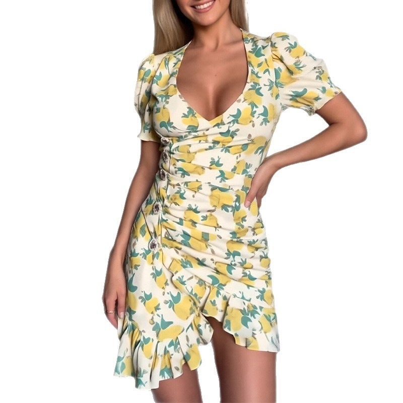 summer new arrivals: cross-border fashion women's dress - sweet & fresh v-neck printed dress with ruffle trim
