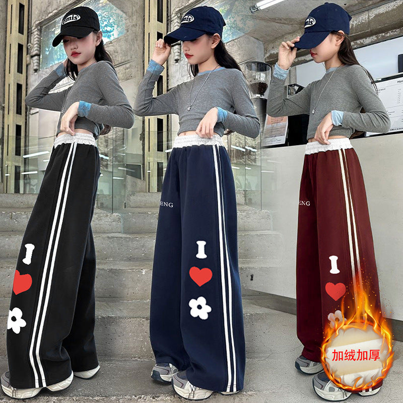 Girls'  fleece-lined casual autumn new arrivals: wide-leg pants for girls, heart-patterned sweatpants for students, loose-fit pants for mid-to-large children
