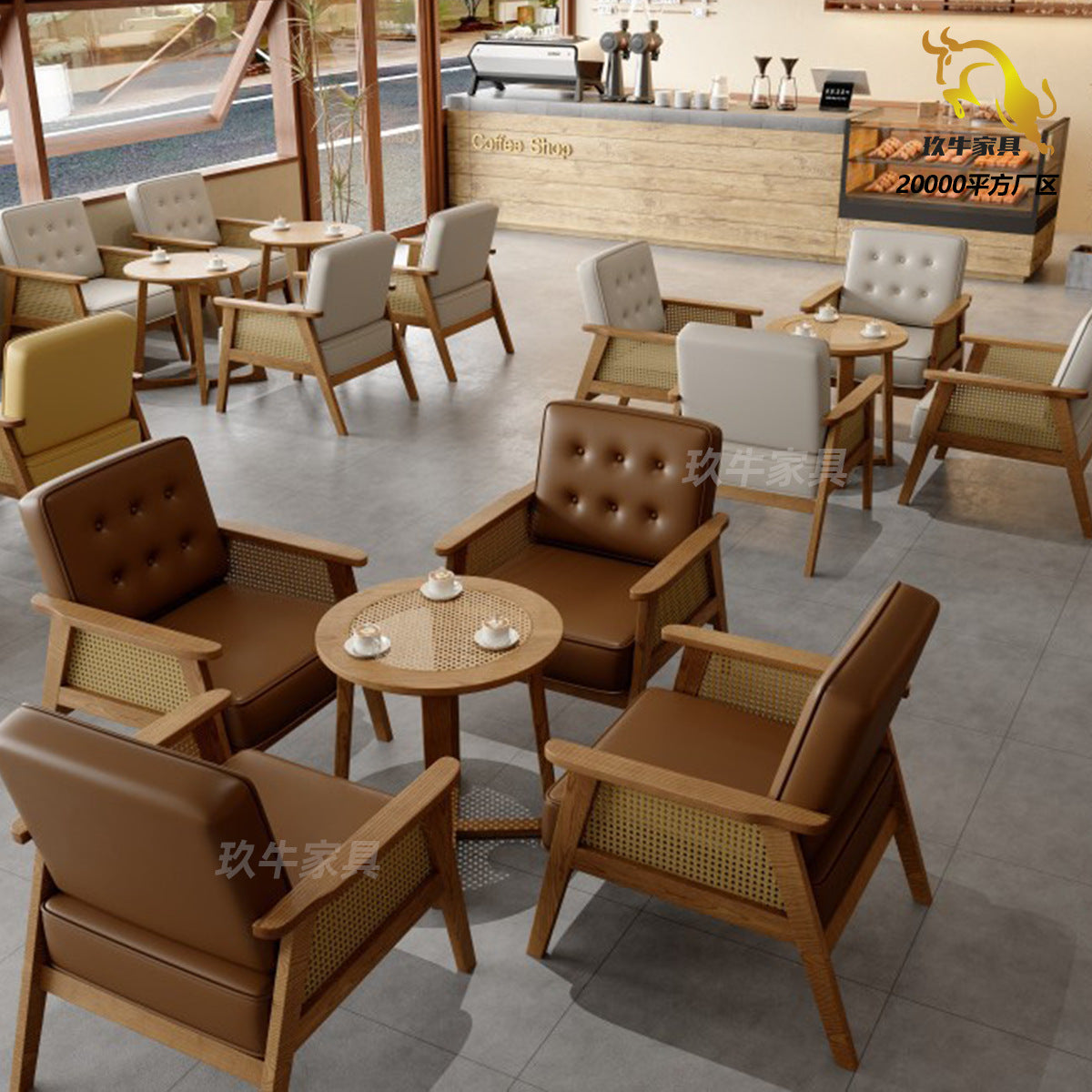 Customized wabi sandy wind woven rattan cafe tables and chairs dessert shop catering shop milk tea shop solid wood negotiation leisure area tables and chairs