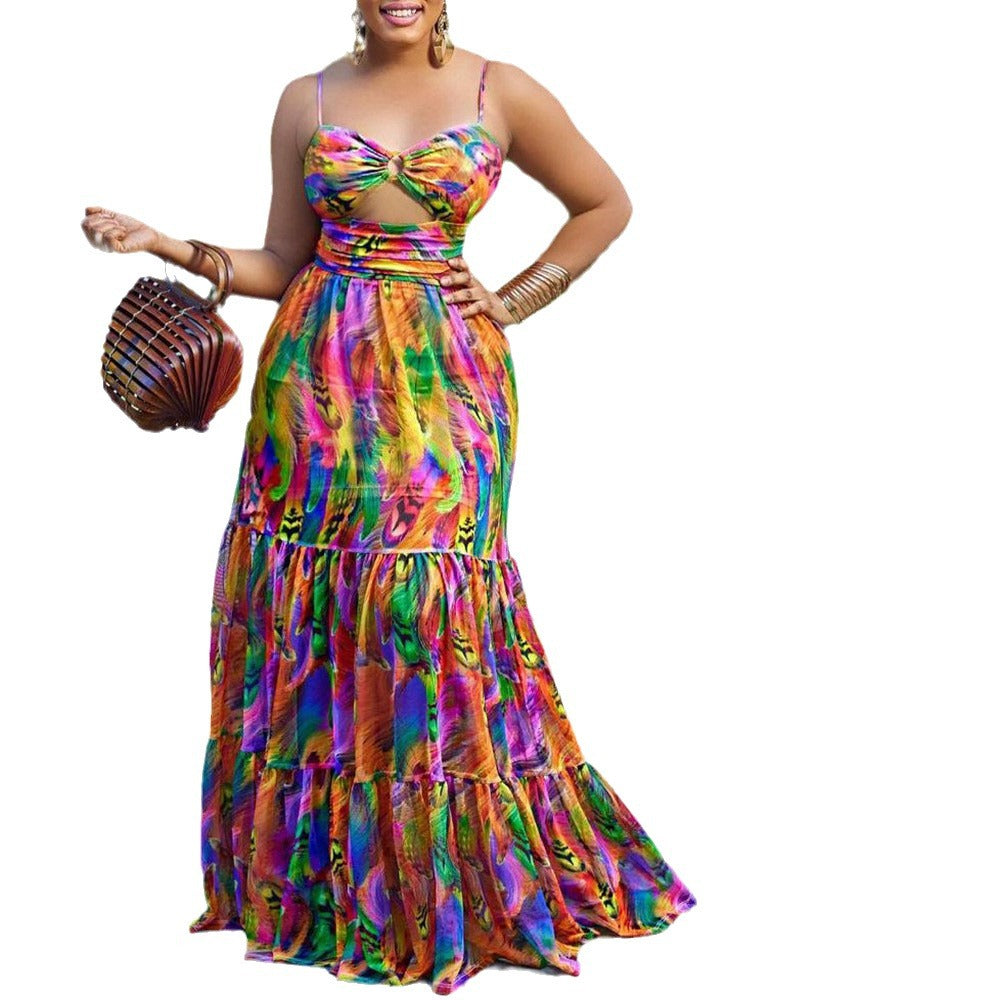 Y9335  cross-border summer new arrivals: european and american style sexy camisole dress - printed sleeveless backless maxi dress