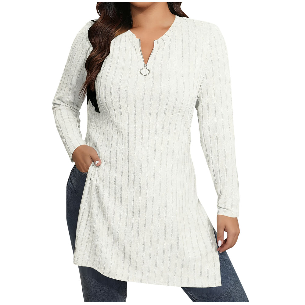 cross-border  women's casual solid color half-zip v-neck loose fit side slit long sleeve top