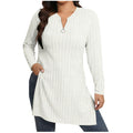 cross-border  women's casual solid color half-zip v-neck loose fit side slit long sleeve top