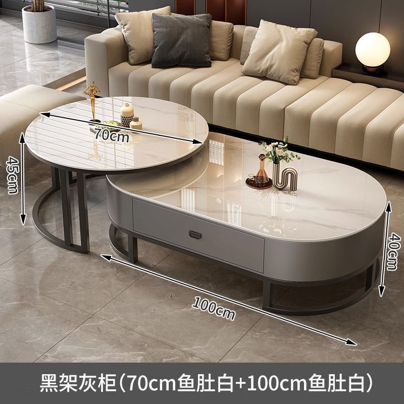Italian light luxury oval glass coffee table living room home tea table high-end marble combination coffee table set