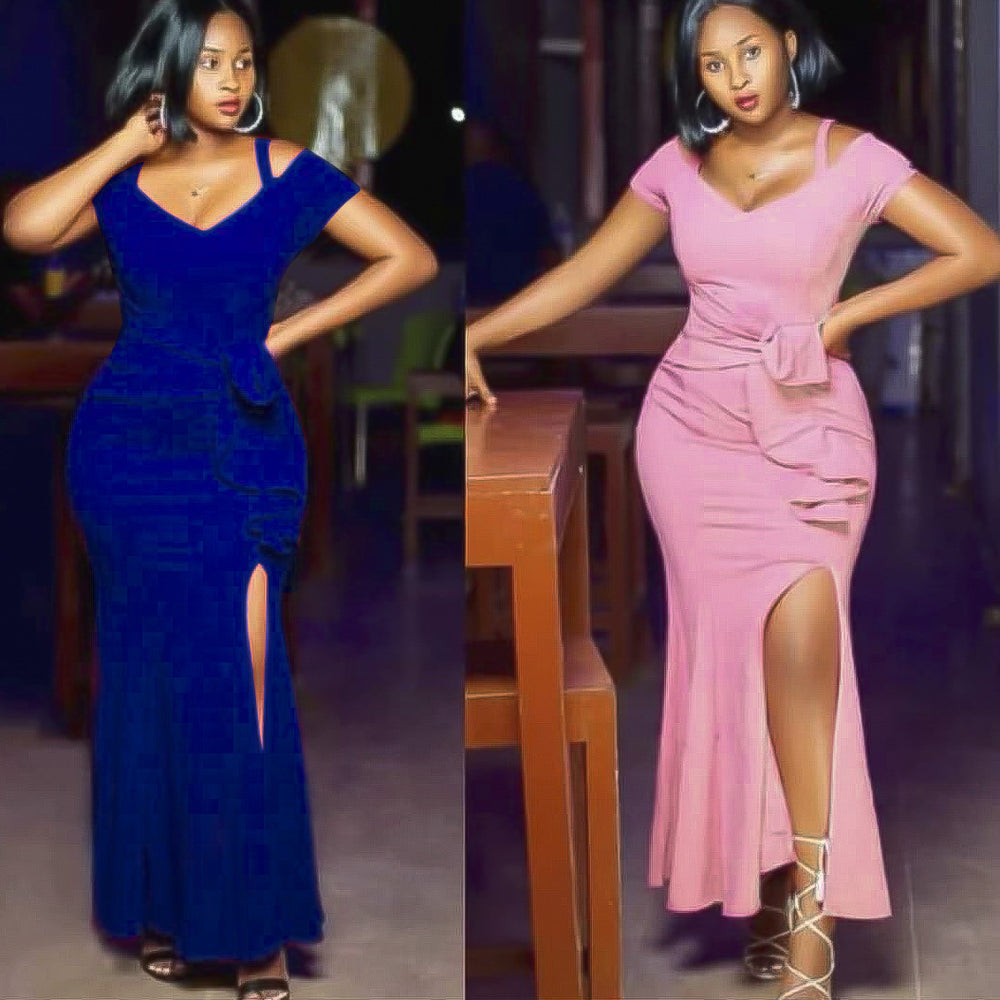 e-commerce: plus-size women's sexy, figure-flattering, slit evening gown with a fishtail train, suitable for , , and the african market