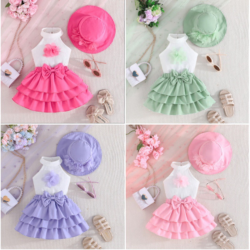 new european and american style girls' sleeveless solid color top with floral cake skirt and hat three-piece set