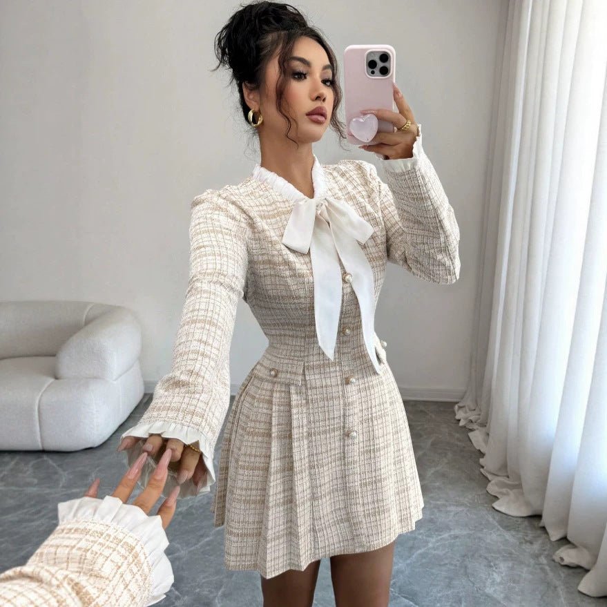 spring/autumn slim-fit, figure-flattering, high-quality, cute & sweet french-style grid dress - a unique and chic short dress
