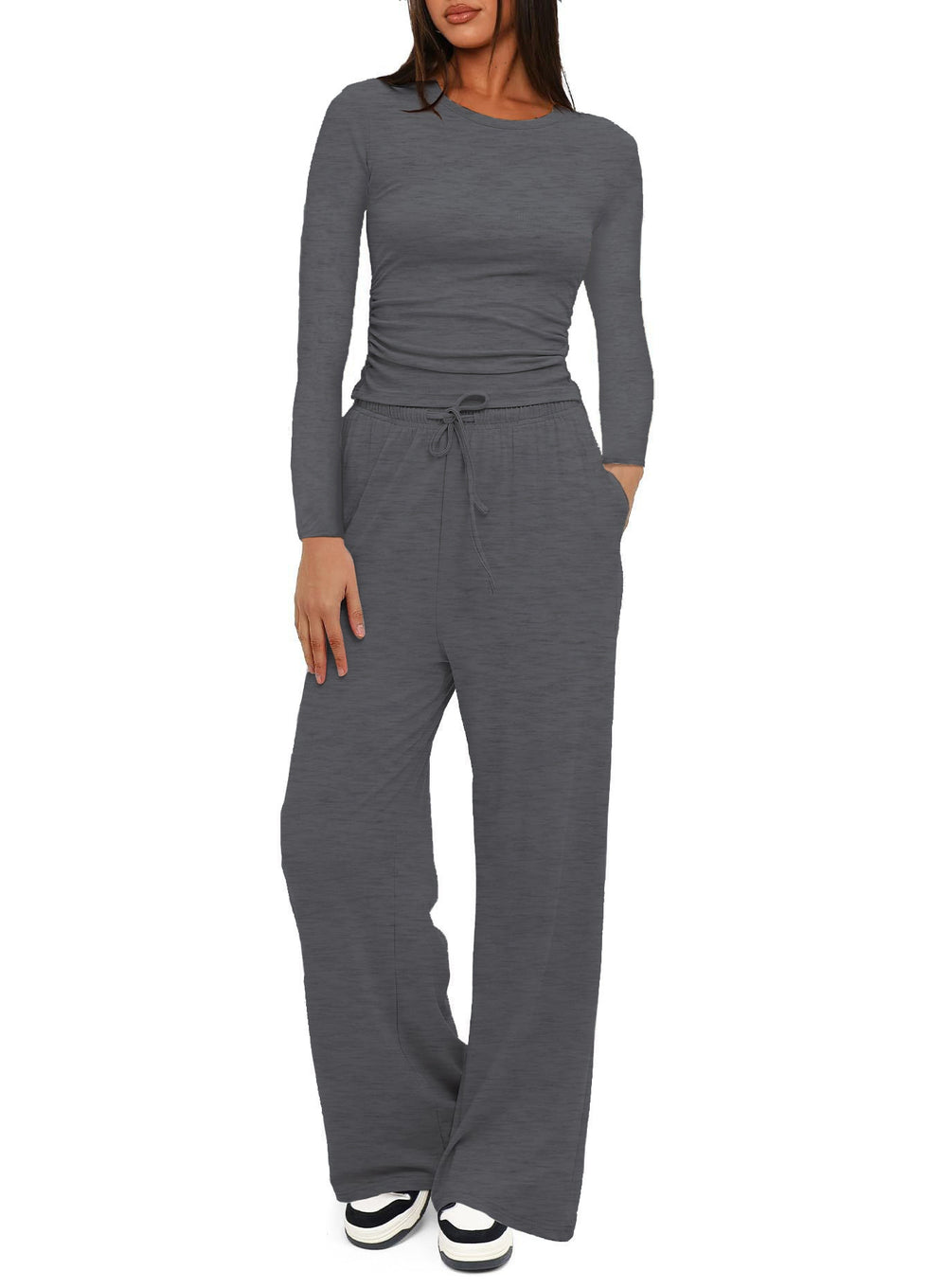 cross-border fashion  new product pure color casuallong sleevessuittopshigh waistloose pants sportswear