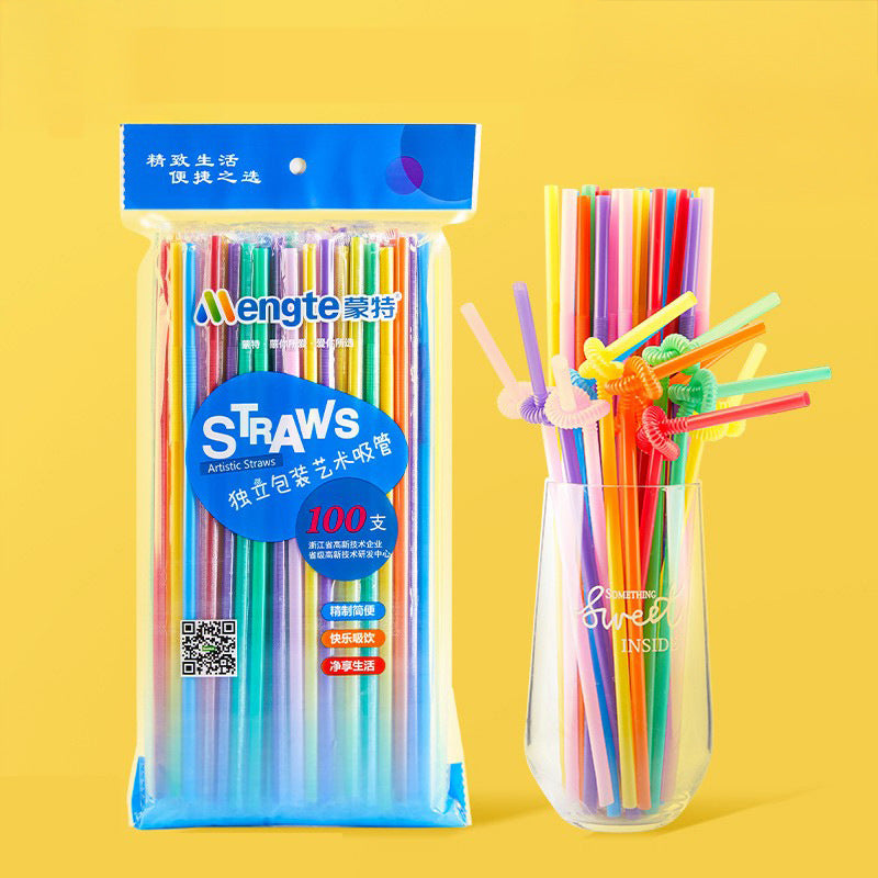 Disposable art straws individually packaged food grade colorful plastic straws hand-bent beverage straws bagged