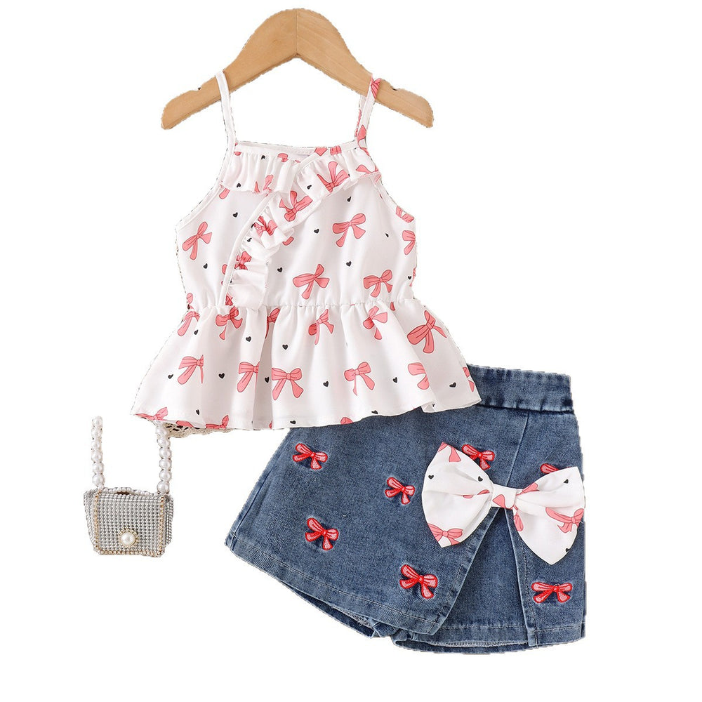 Children's clothing shein cross-border girl suit cherry white suspender top skirt