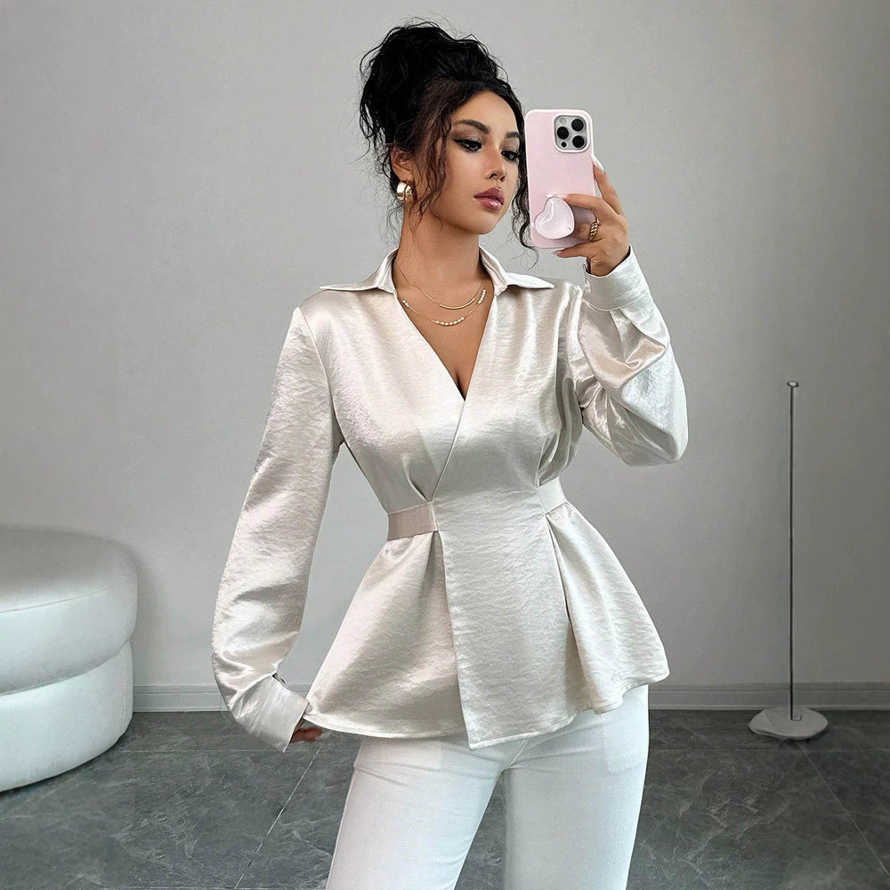 fashionwork clothingelegant shirt bright acetate satin lapel deep v strap waist slimming looklong sleevesshirt