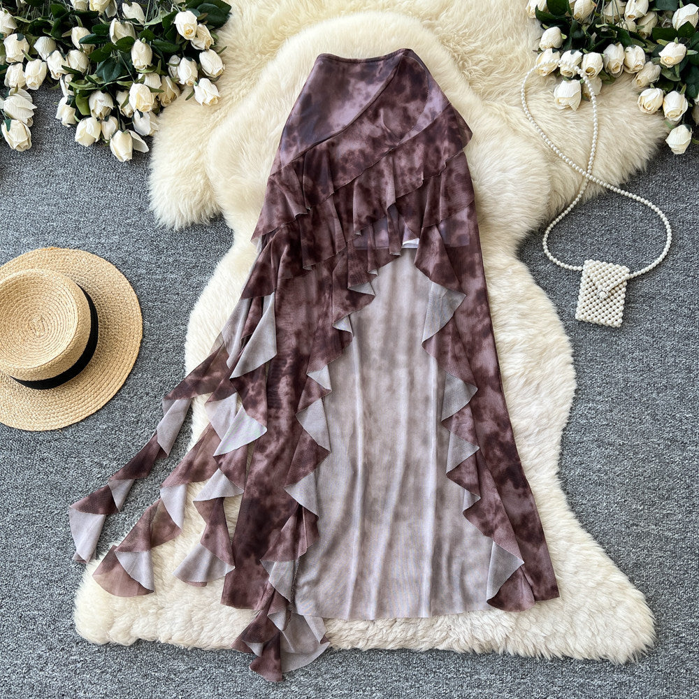 K-style tie-dye ruffles a-line skirt for women summerhigh waistslimming lookasymmetricalelegant mid-length skirtwork clothing