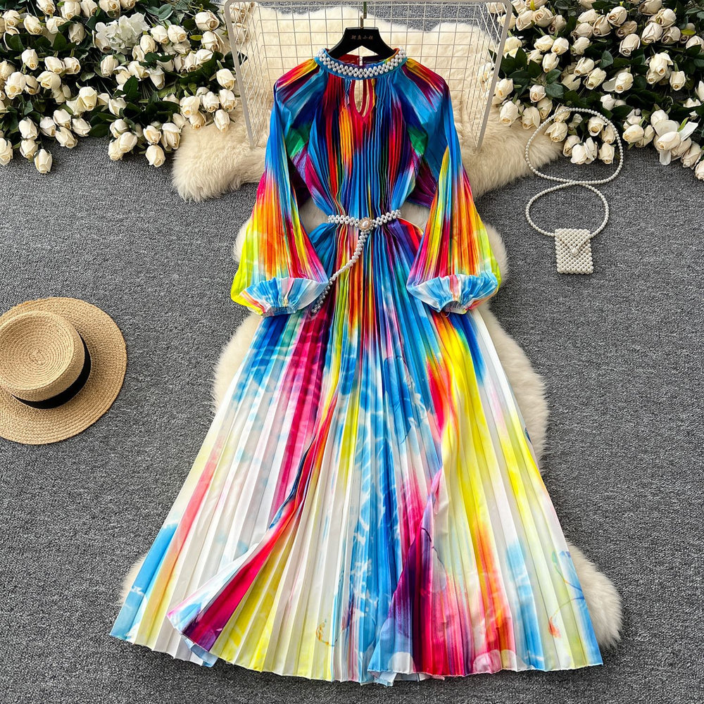 European and american high-end elegant women's fashion beaded round neck hollow-out pleated lantern sleeve cinched waist printed maxi dress