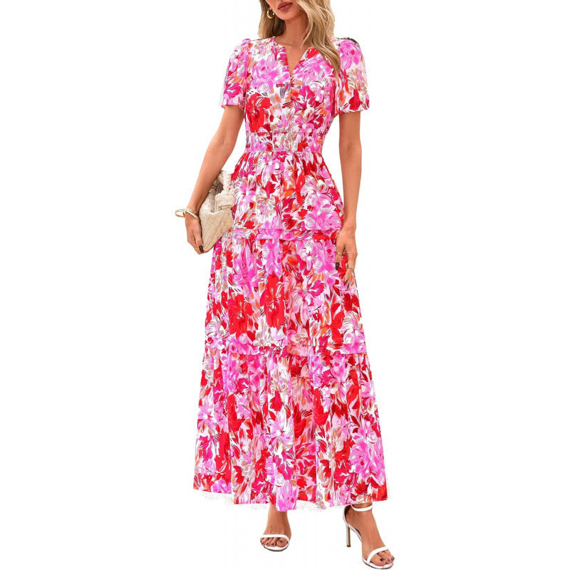 european and american retro floral short-sleeve v-neck dress - women's  summer new arrival a-line flowy vacation dress