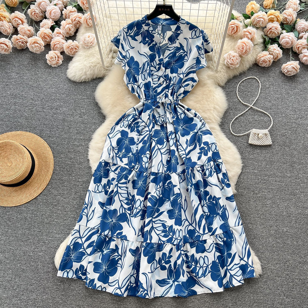 French sweet and gentle style v-neck floral chiffon dress - women's summer cinched waist, slimming, vacation-ready, fairy dress