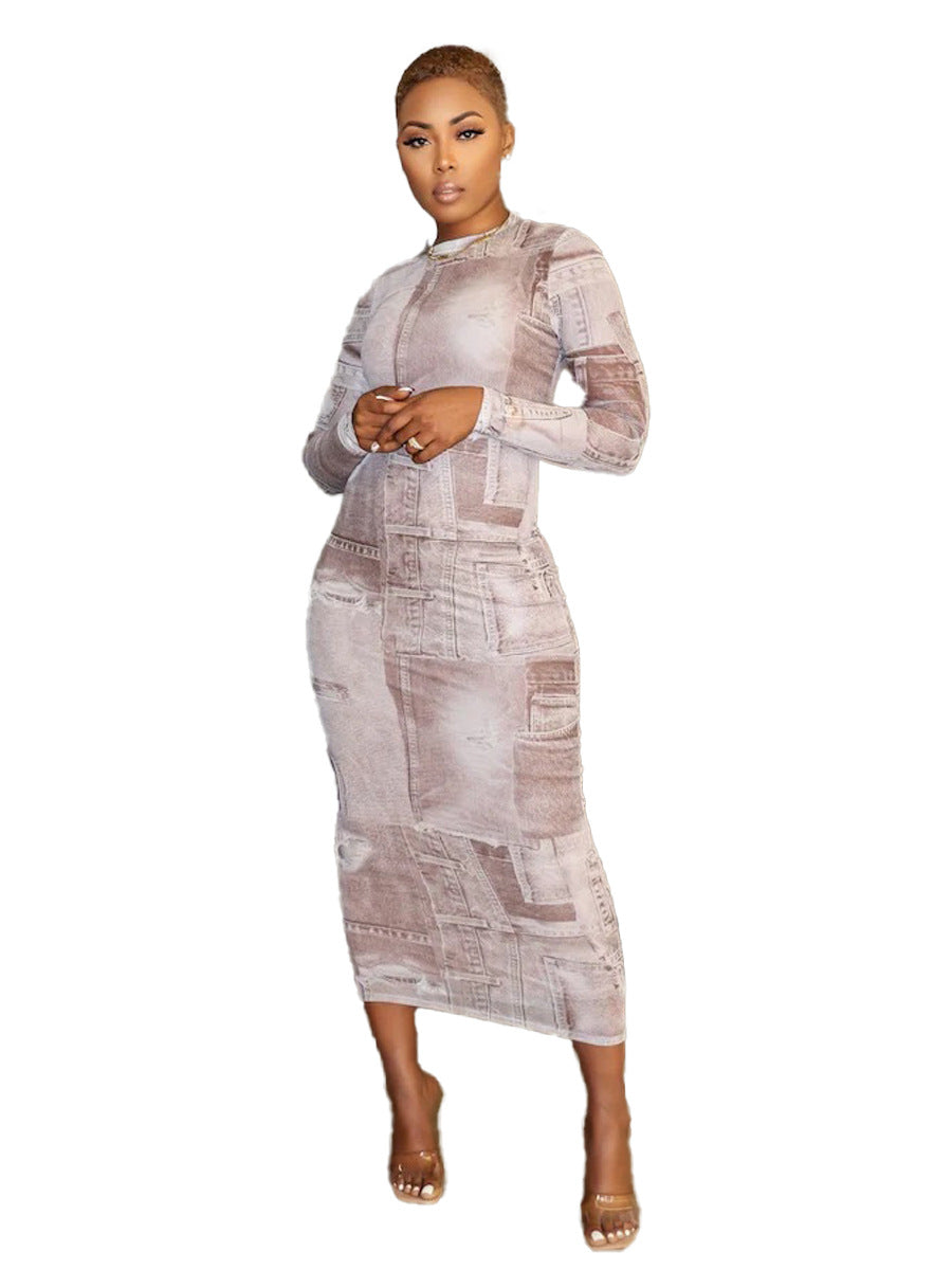 cross-border fashion: european & american autumn women's printed round neck long sleeve bodycon midi dress