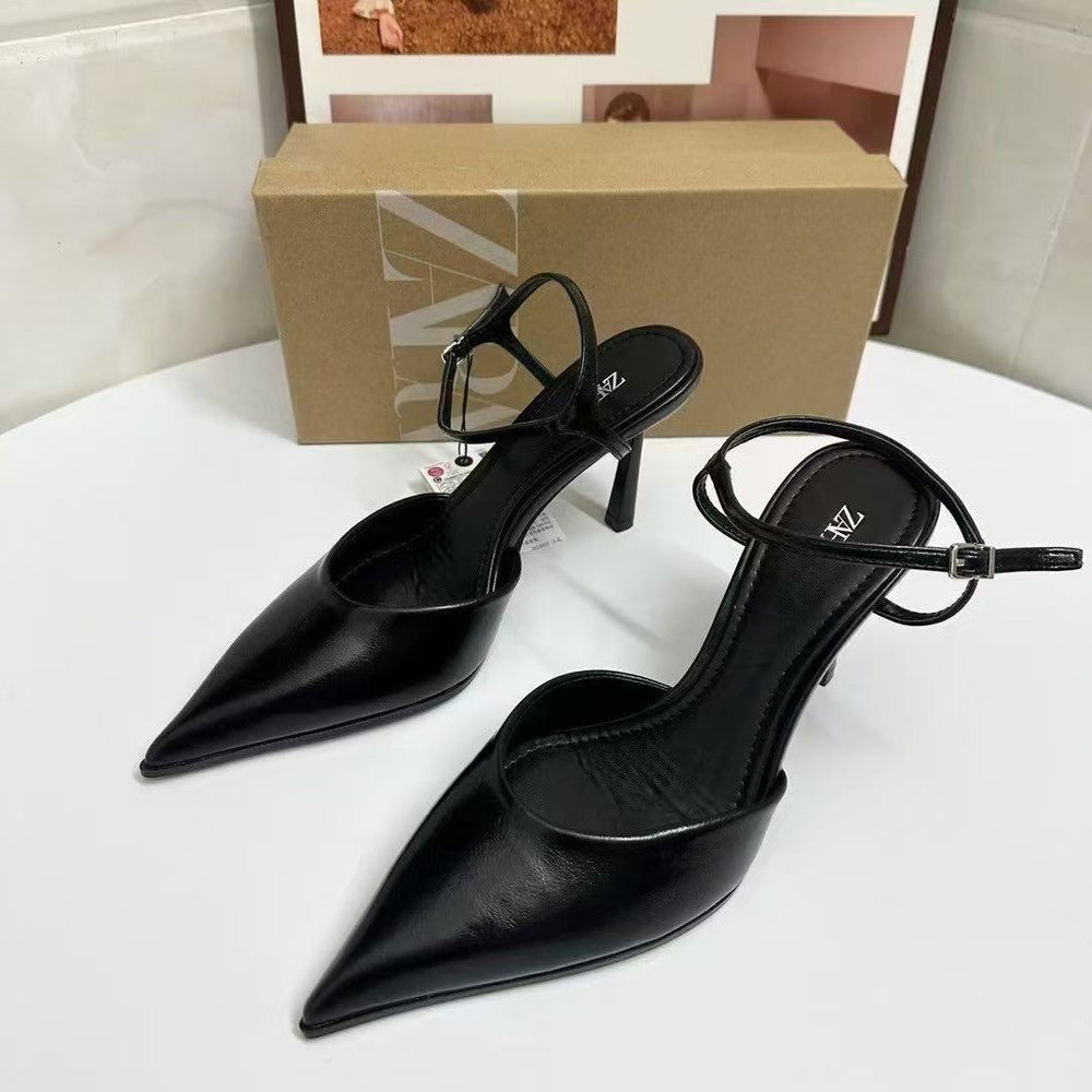 Za2025 spring new women's shoes red patent leather slingbacks pointed toe stiletto heels single shoes ankle strap mules