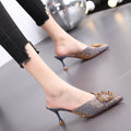 Women's summer outdoor slippers, 2023 new french style rhinestone high heel mules, stiletto heel closed-toe sandals, black