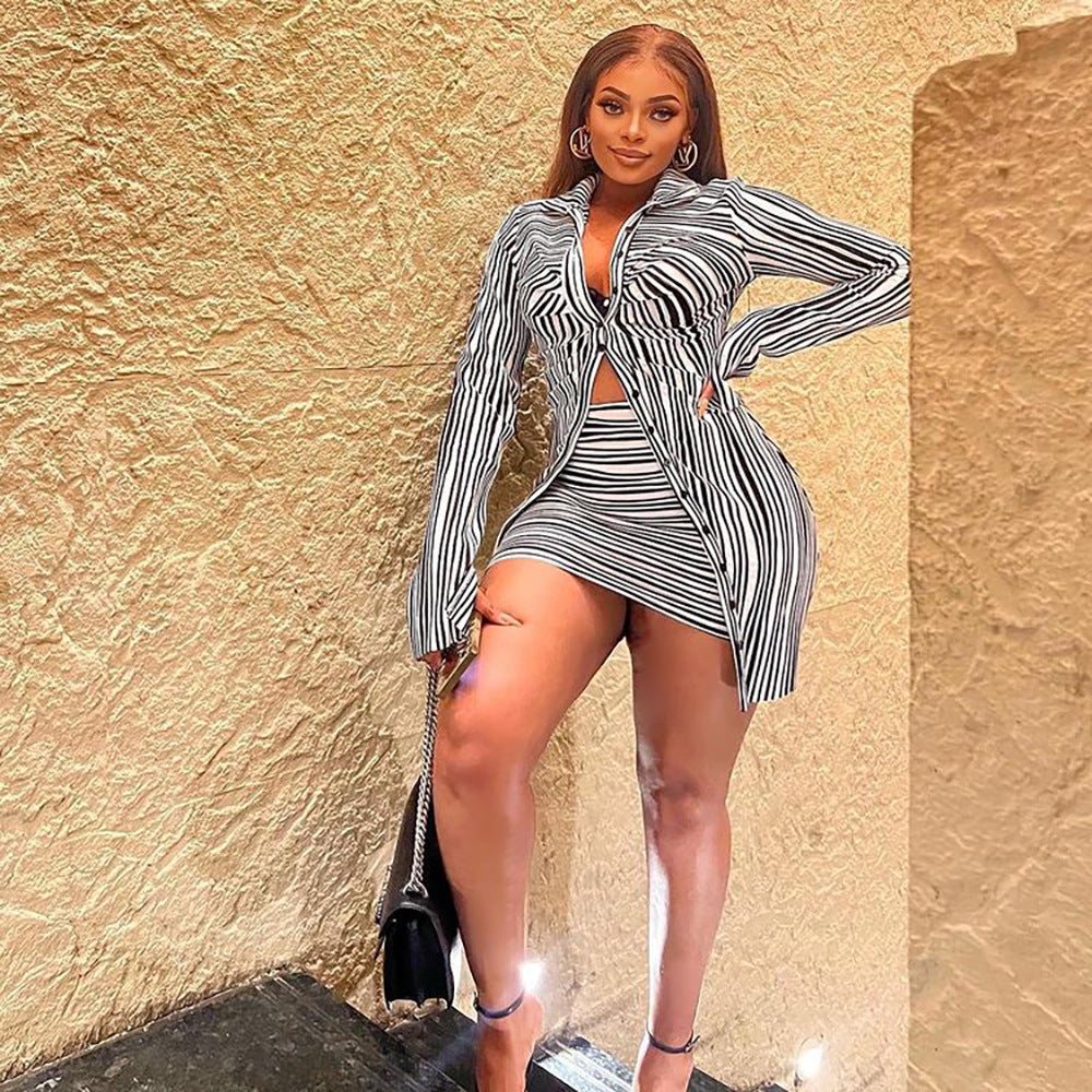 European and american skirt suit  cross-border women's fashion sexy black and white striped cardigan top mini bodycon skirt