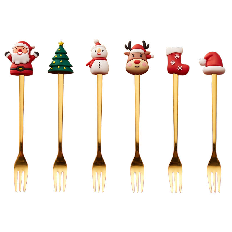 Christmas dessert fork and spoon 6-piece gift set - coffee stirring spoons, fruit forks, stainless steel cutlery - holiday gift
