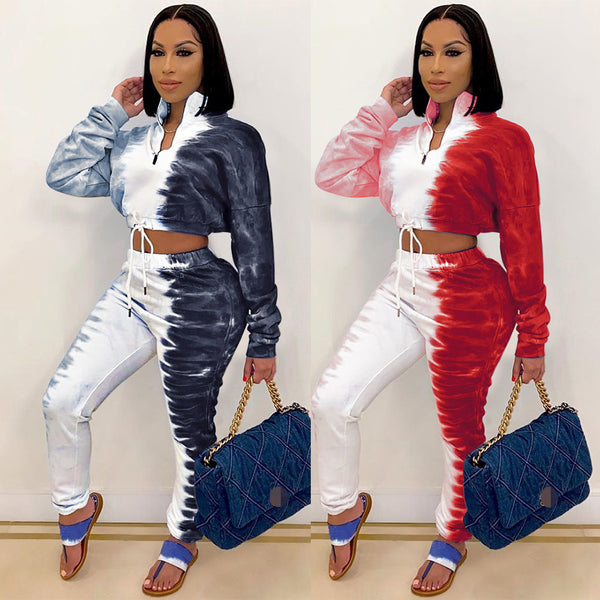 VK2055 printed zipper drawstring long sleeve strap trousers two-piece nightclub suit