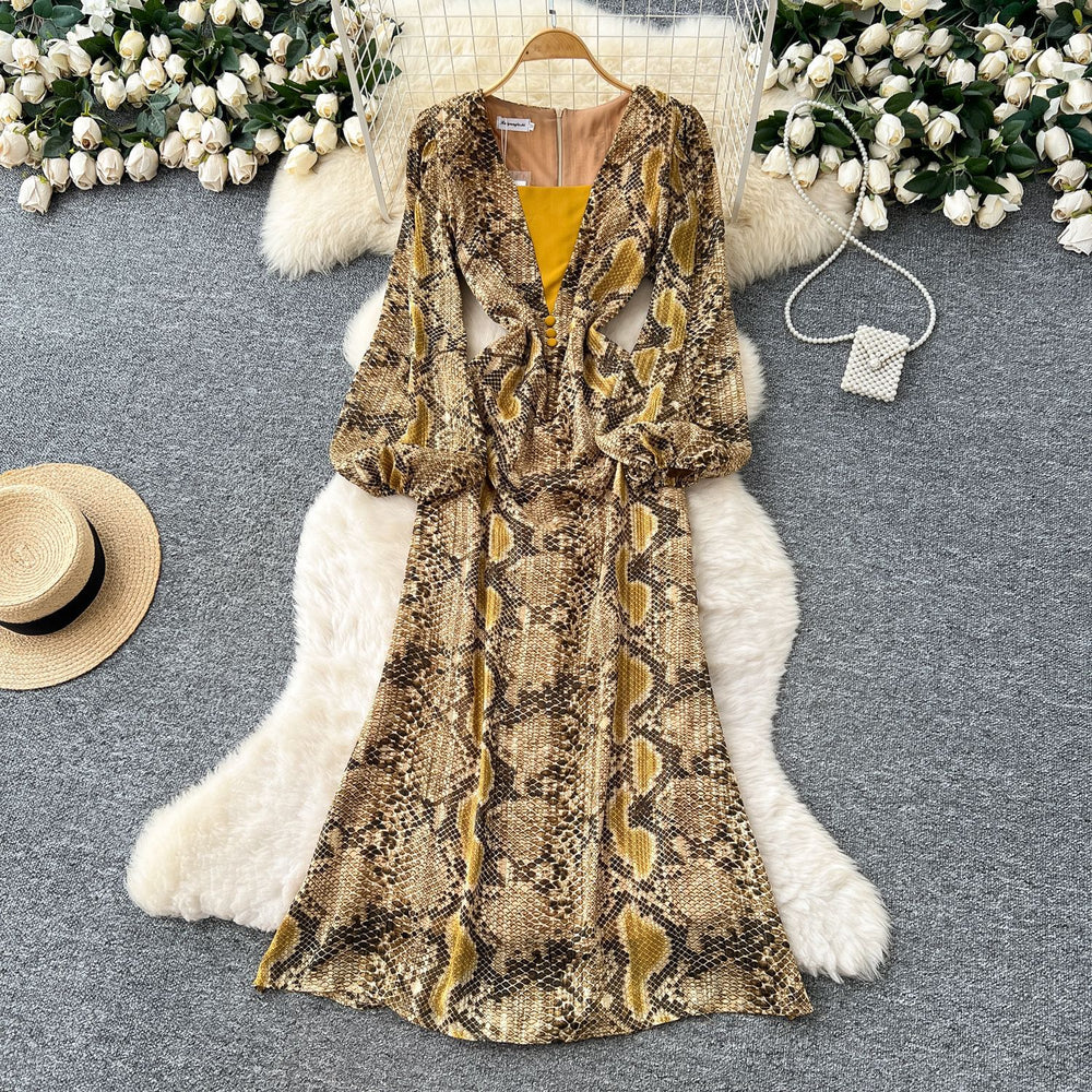 European and american style printed bubble sleeve dress - women's autumn slimming, figure-flattering, mature, chic, and exquisite long dress