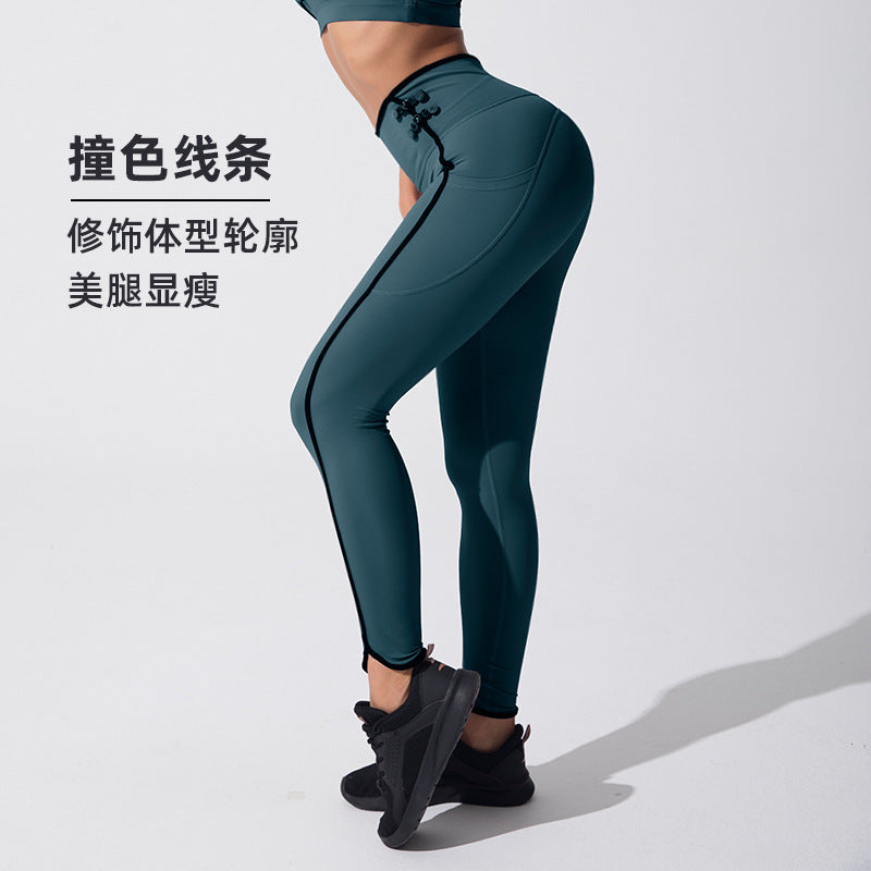 Trendy high-waisted peach lift yoga pants with chinese knot embroidery - high-stretch, chinese style fitness yoga leggings for women