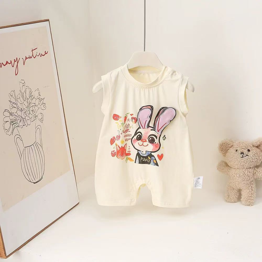 Summer cartoon cute infant rompers, sleeveless baby bodysuits, unisex baby crawling suits, and outdoor wear