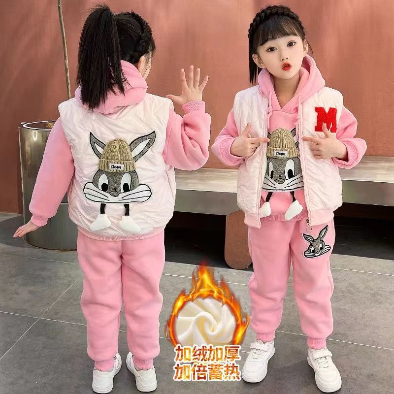 Girls' three-piece set: new  autumn/winter outfit - vest, kids' sweatshirt, fleece-lined, thickened, mid-to-large size, chanel-inspired style