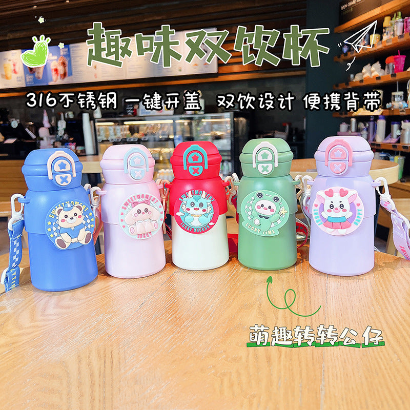 Cute kids thermos cup 316 stainless steel food grade student straw cup big belly water cup outdoor water kettle gift