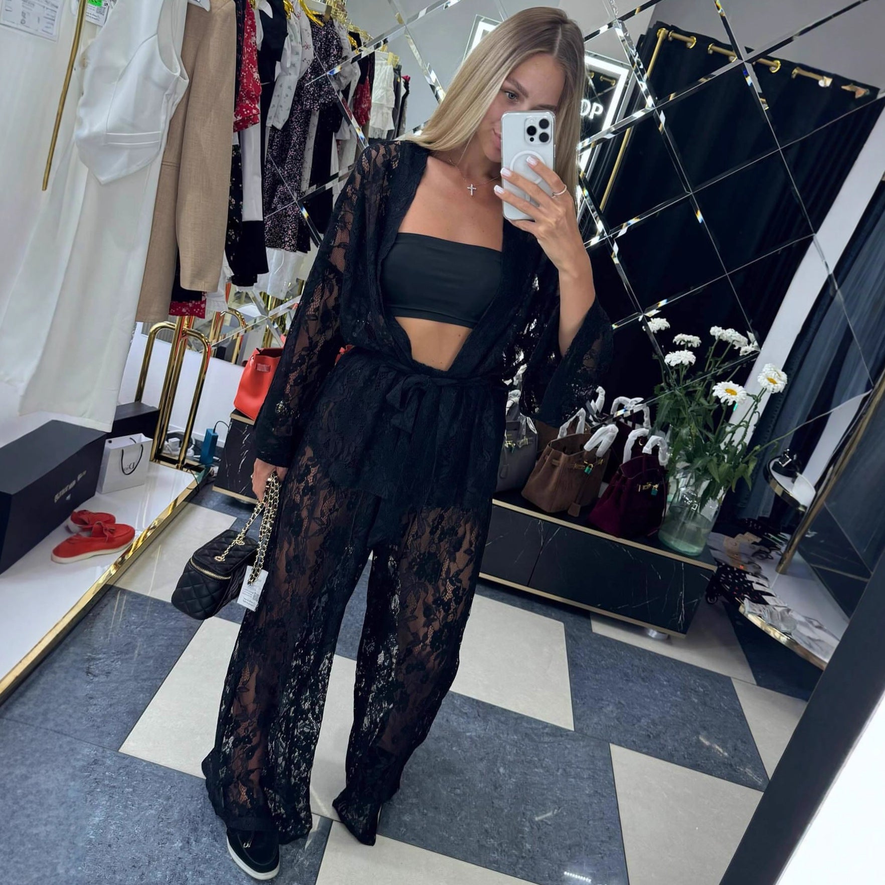 Cross-border European and American sexy lace cardigan shirt trousers  women's clothing solid color hollow fashion new two-piece set women