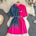 Retro hong kong style elegant waist with belt round neck color matching denim shirt spring new arrivalchiccasual medium length tops