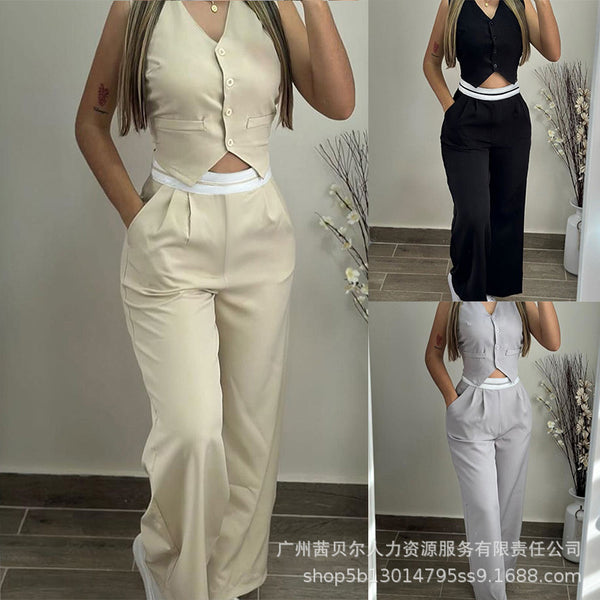 WMZY0001 European and American  color contrast waist splicing commuter leisure set 2-piece set