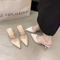 Baotou sandals women's mid-heeled two-wear slippers summeroutwear pointed toe stiletto rhinestone back hollow flats women 2025new arrival