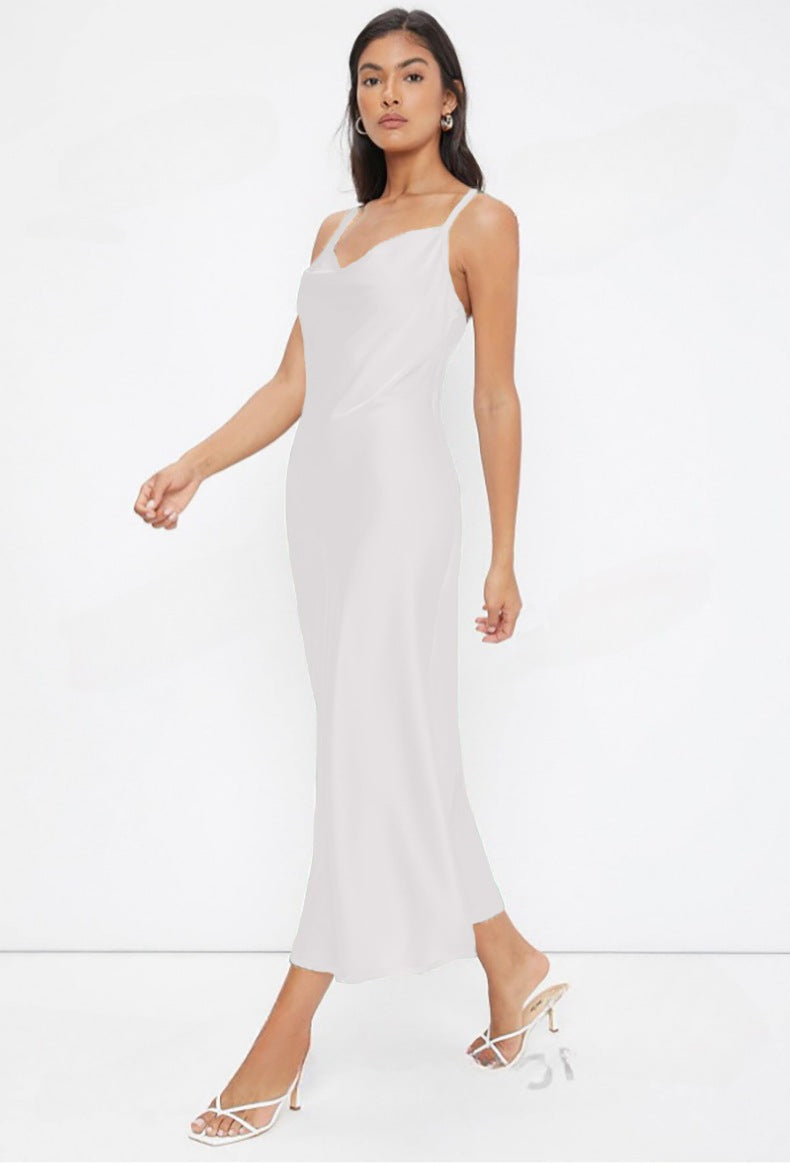 women's fashion: european and american  spring/summer new collection - satin cami dress with deep v-neck, slim fit, and solid color
